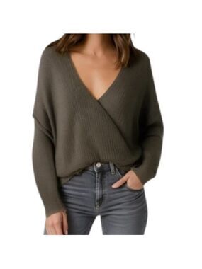 8 Red Butterflies Plunge V Olive Green Ribbed Cross Over Sweater Size m